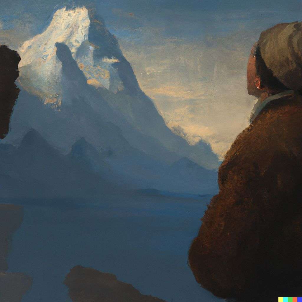 someone gazing at Mount Everest, painting by Johannes Vermeer